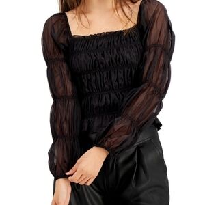 LUCY PARIS Smocked‎ Sheer Long Sleeve Top Gothic Square Neckline Black Large